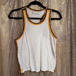 Free People Black Yellow Ivory Bora Bora Racerback Crochet Linen Blend Trim Tank